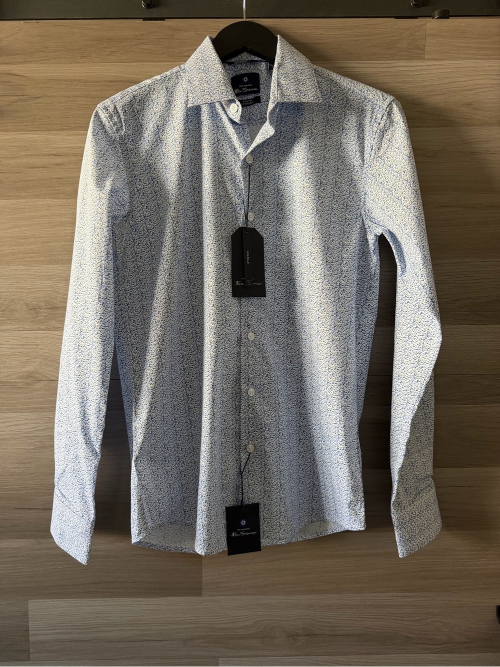 Ben Sherman Light Blue Micro-Print Long-Sleeve Stretch Dress Shirt Size S